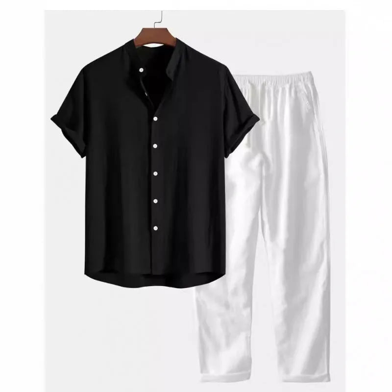 Men's loose-fit casual shirt and trousers set in a linen-look fabric, shown on a model.
