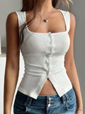 Women's slim-fit buttoned split vest sling top in polyester with shoulder straps, black colour, front view