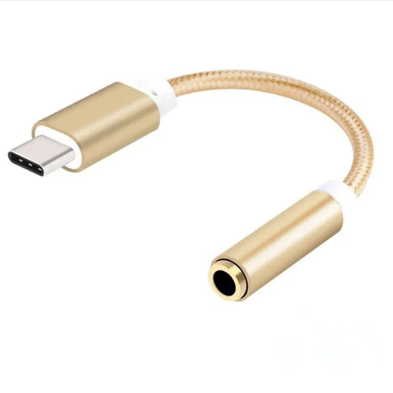 Short black nylon-braided Type-C to 3.5mm female audio adapter cable on a white background.
