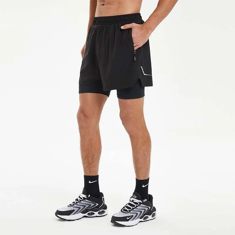 Men's black double-layer sports shorts with built-in liner for running and fitness activities