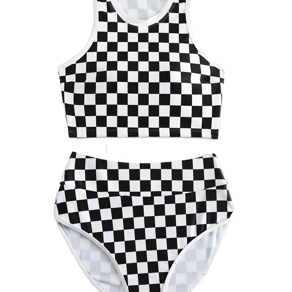 Women's black and white checkerboard racing one-piece swimsuit with backless design and suspender straps