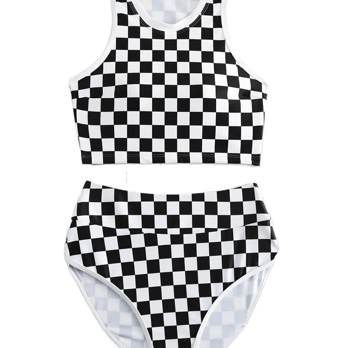Women's black and white checkerboard racing one-piece swimsuit with backless design and suspender straps