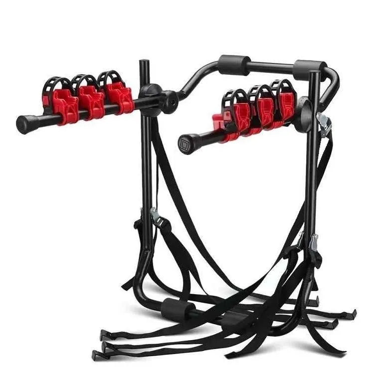 Black and red trunk-mounted car bike rack showing tie rope and pull belt attachment styles.
