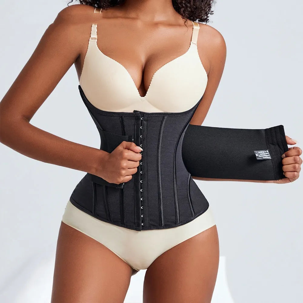 Black and apricot nylon belly band for waist training, shown with belt tie, sizes XXXS to 3XL.
