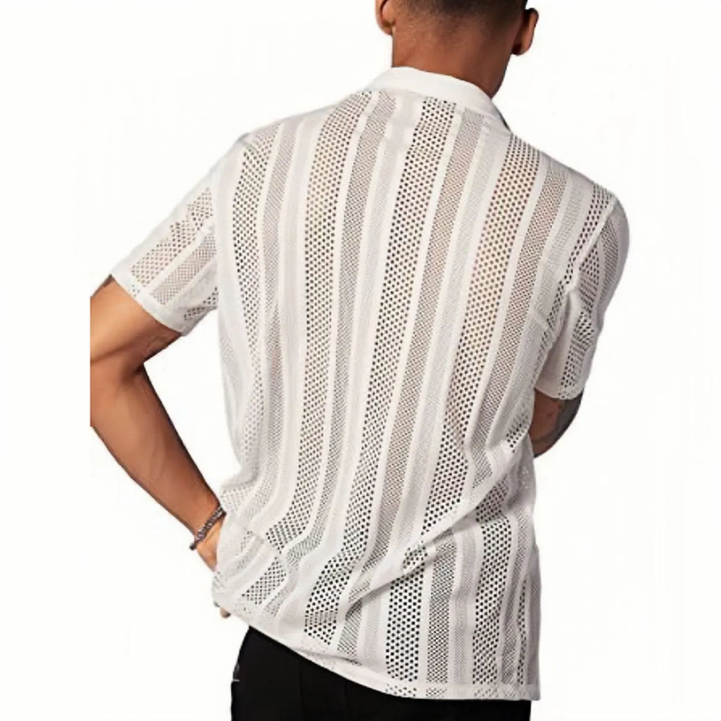 Men's knitted short-sleeve button shirt in black with a cardigan style front.