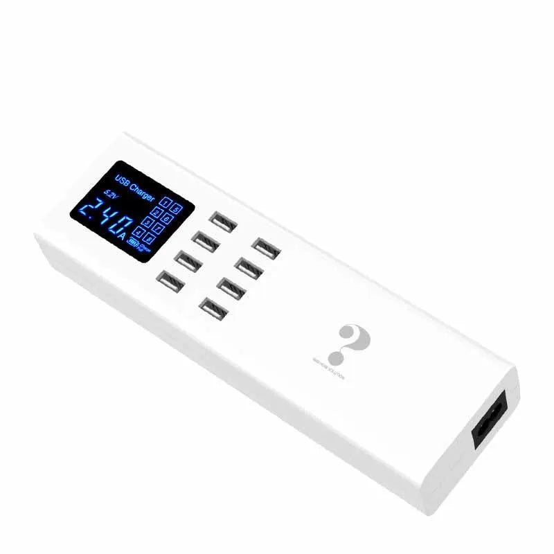 Smart multi-port USB charger in ceramic white, 220x67x39mm, with indication light and 1.5m cable