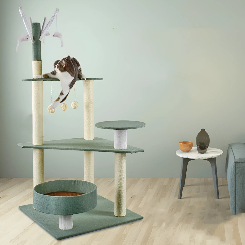 Solid wood cat climbing frame with integrated litter tree in grey colour option