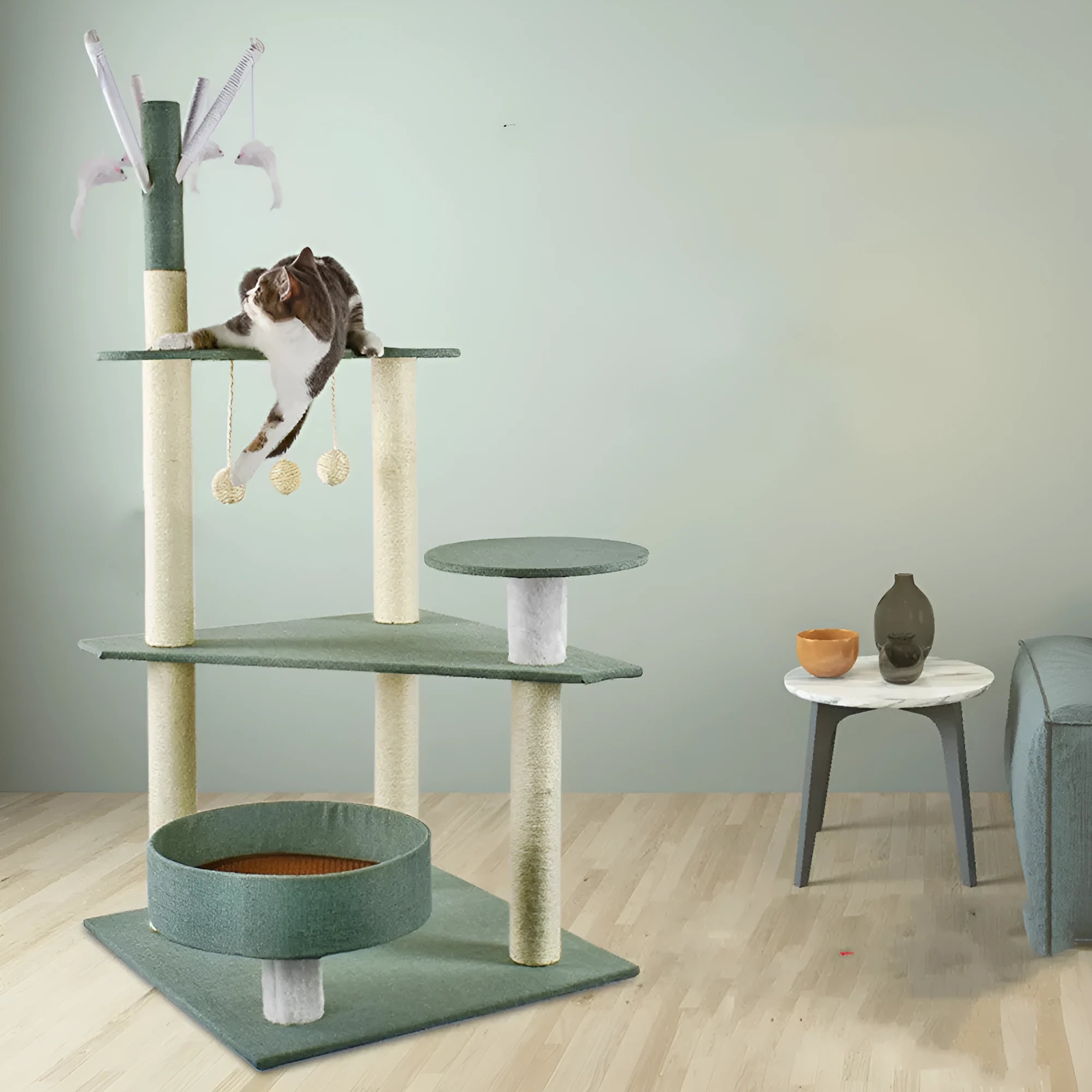Solid wood cat climbing frame with integrated litter tree in grey colour option