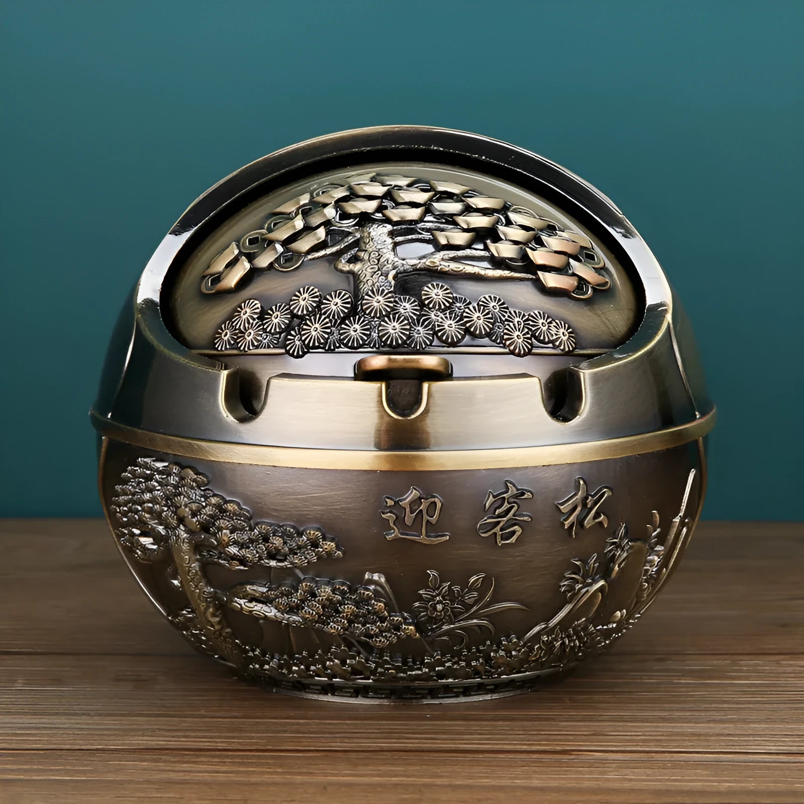 XL decorative alloy ashtray with smoke slot in bronze finish showing dragon and phoenix design