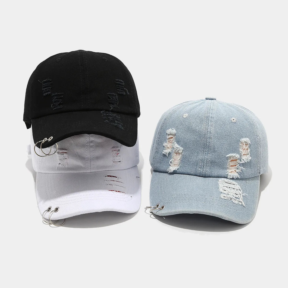 Men's denim peaked cap dome crown adjustable sunshade hat black white light blue jeans street hip hop style