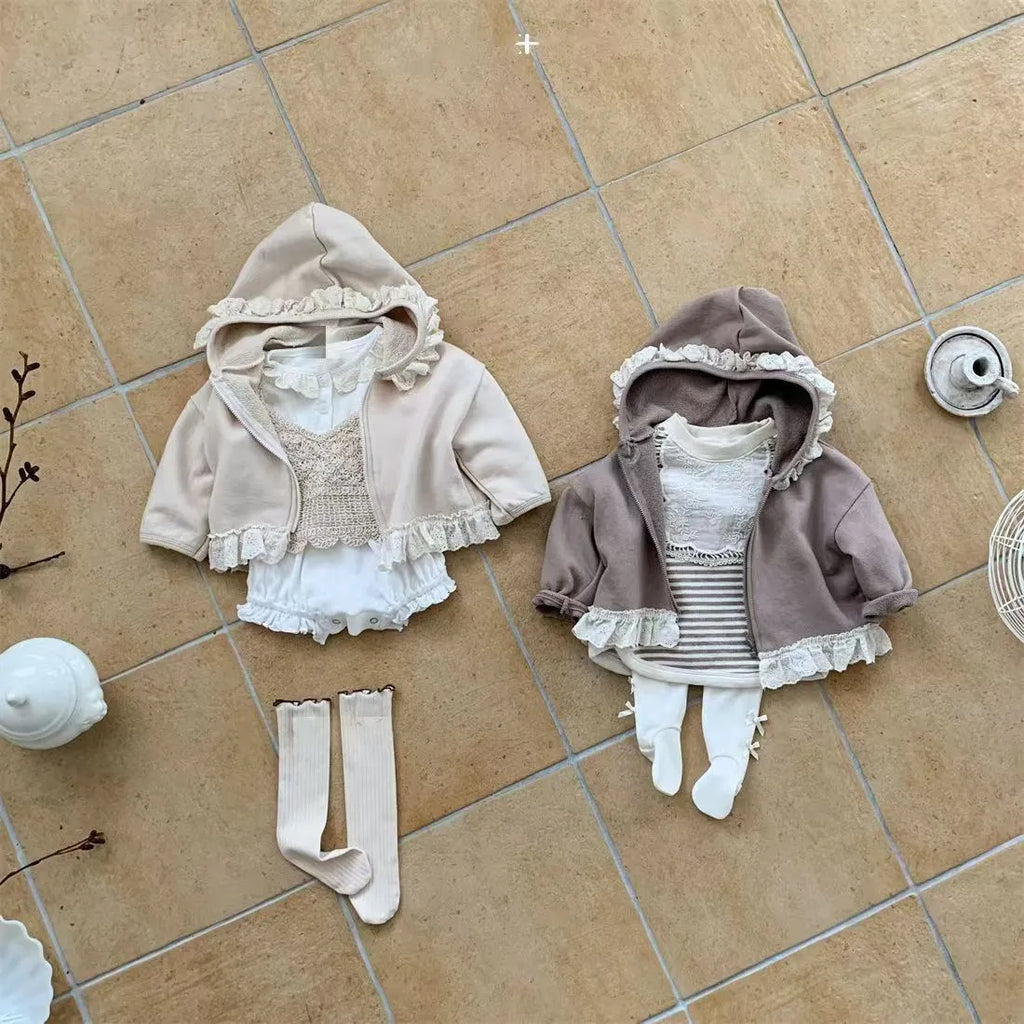 Children's lace hooded zipper sweatshirt in brown solid colour, long sleeves, cotton fabric