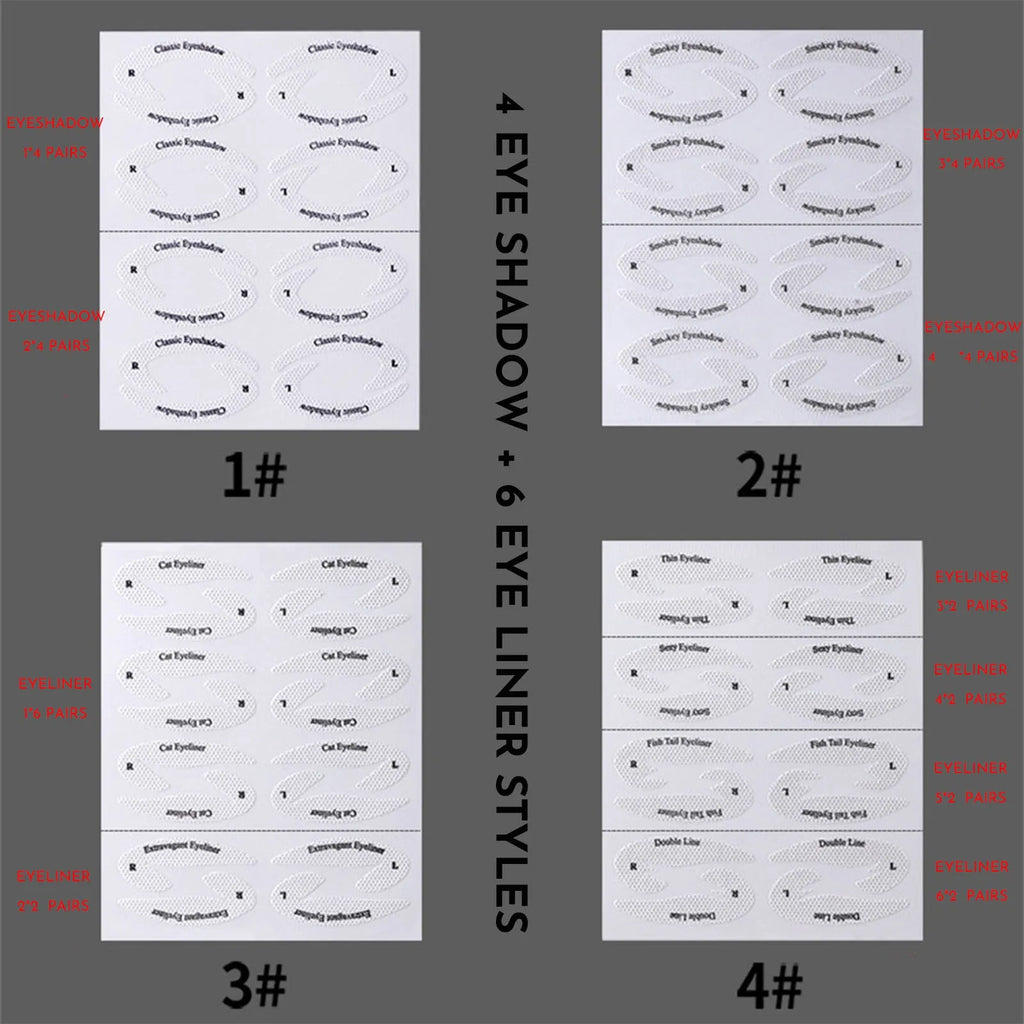 Set of four reusable, flexible plastic eyeliner and eyeshadow makeup stencils on a pink background