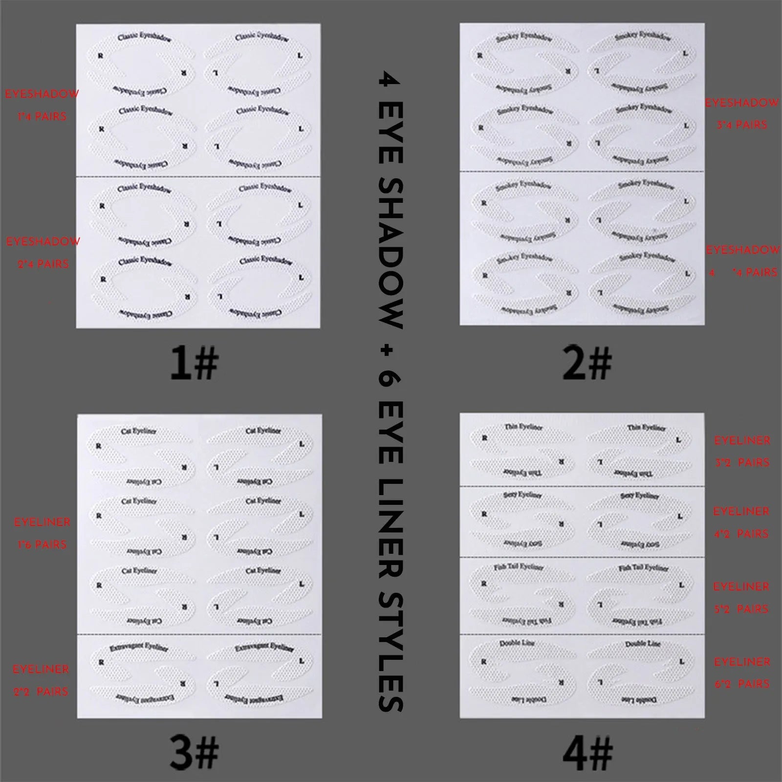 Set of four reusable, flexible plastic eyeliner and eyeshadow makeup stencils on a pink background