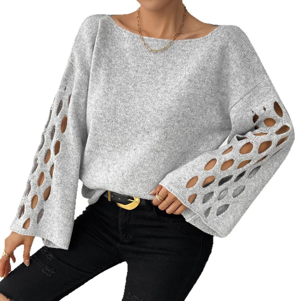 Women's solid color round neck long sleeve hollow sweater pullover in gray, front view