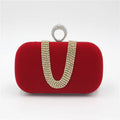Small velvet evening clutch bag with rhinestones and lock closure, horizontal square shape, available in multiple colours.