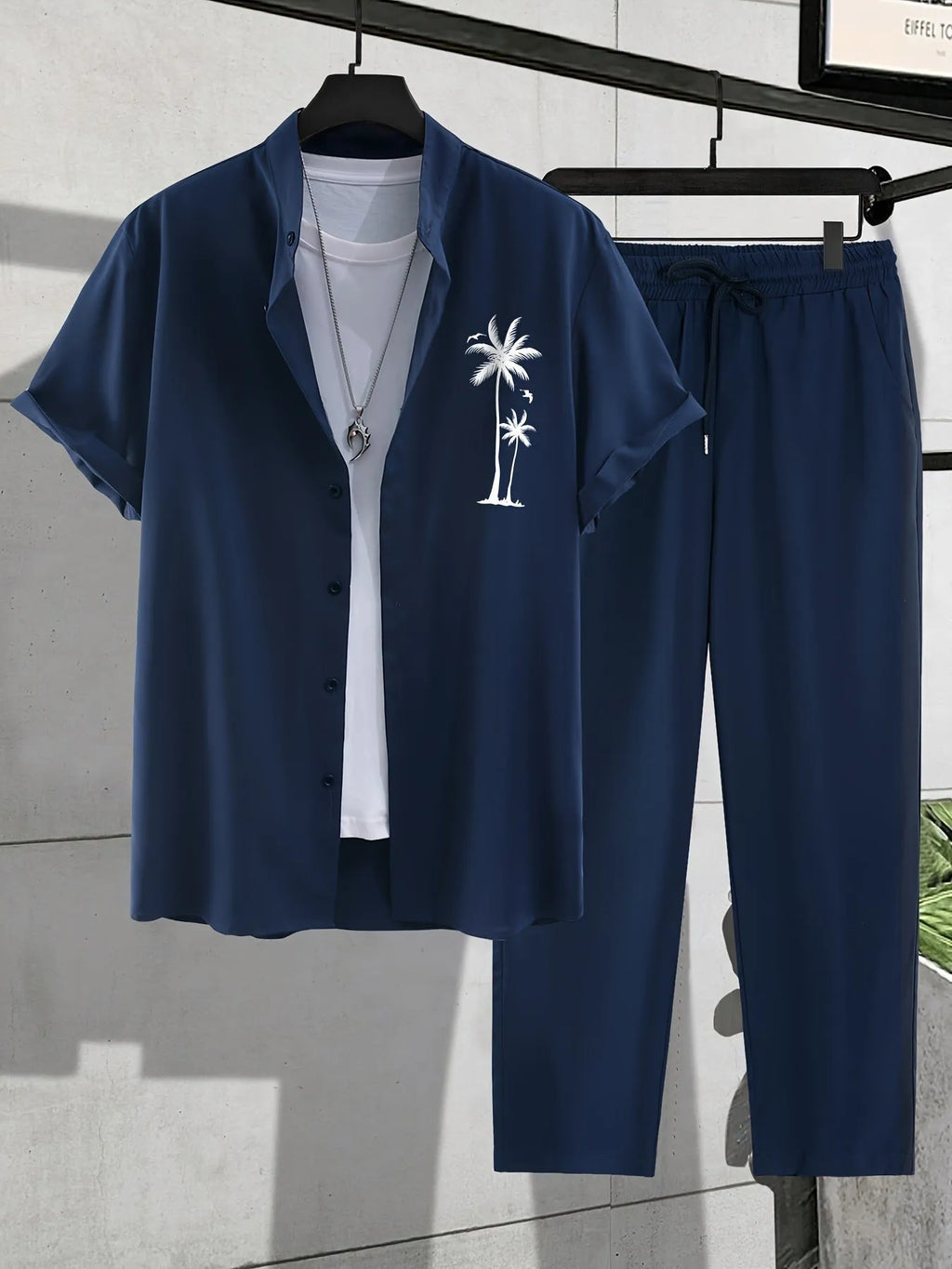 Men's European-size coconut print short-sleeved shirt and trousers set Navy Blue summer beach polyester fibre