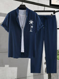 Men's European-size coconut print short-sleeved shirt and trousers set Navy Blue summer beach polyester fibre