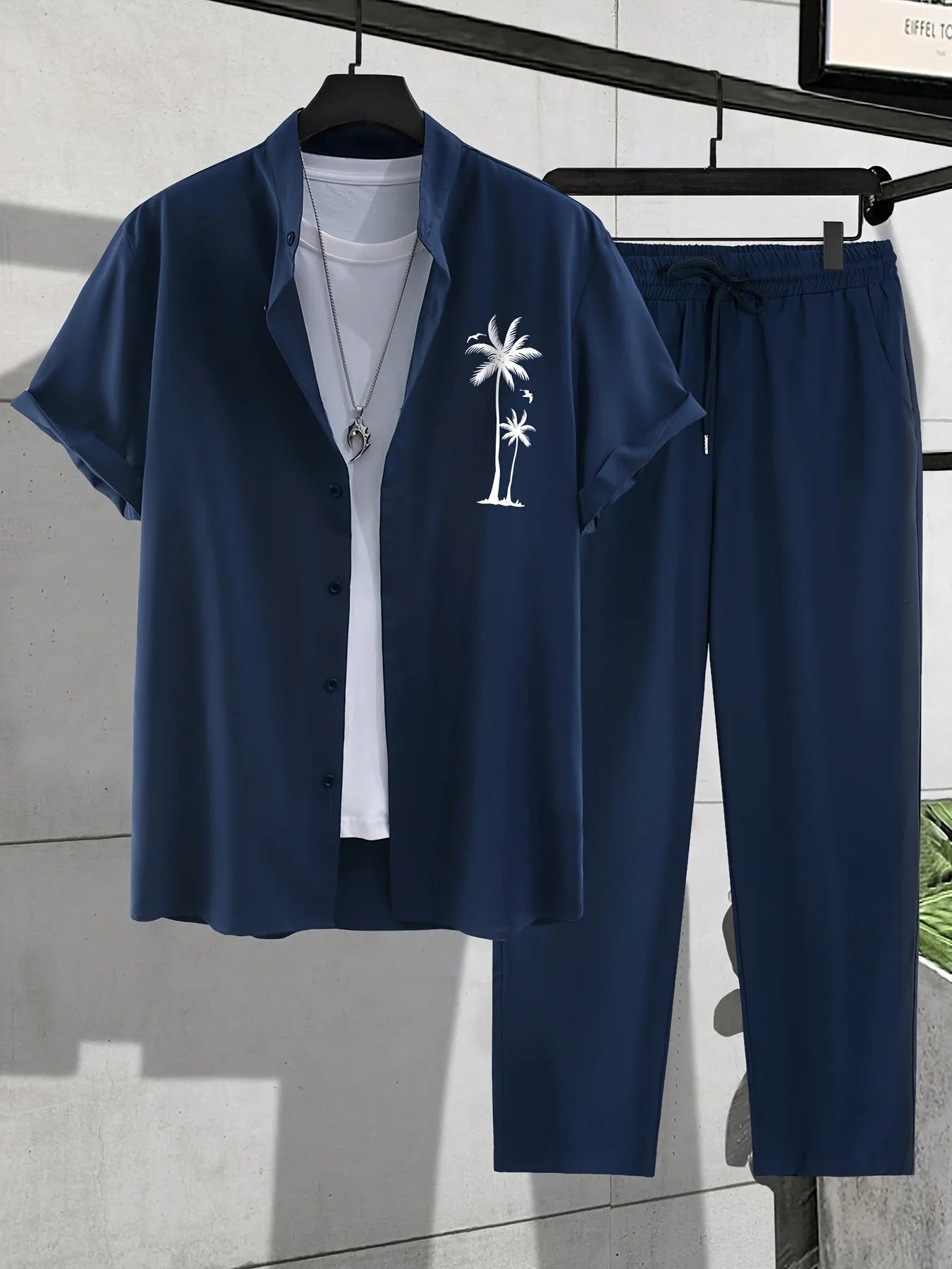 Men's European-size coconut print short-sleeved shirt and trousers set Navy Blue summer beach polyester fibre