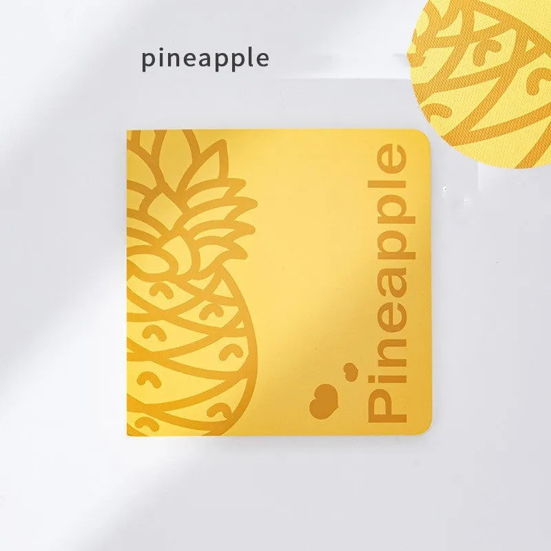 Square 14.5cm notebook with fruit-embossed cover showing pineapple, blueberry, grape or peach designs