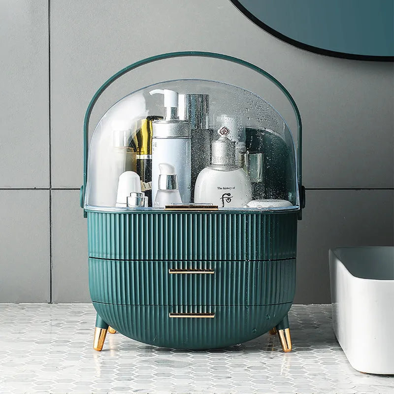 Light luxury covered cosmetic storage box in ABS and PS plastic, dustproof desktop organiser in green or white