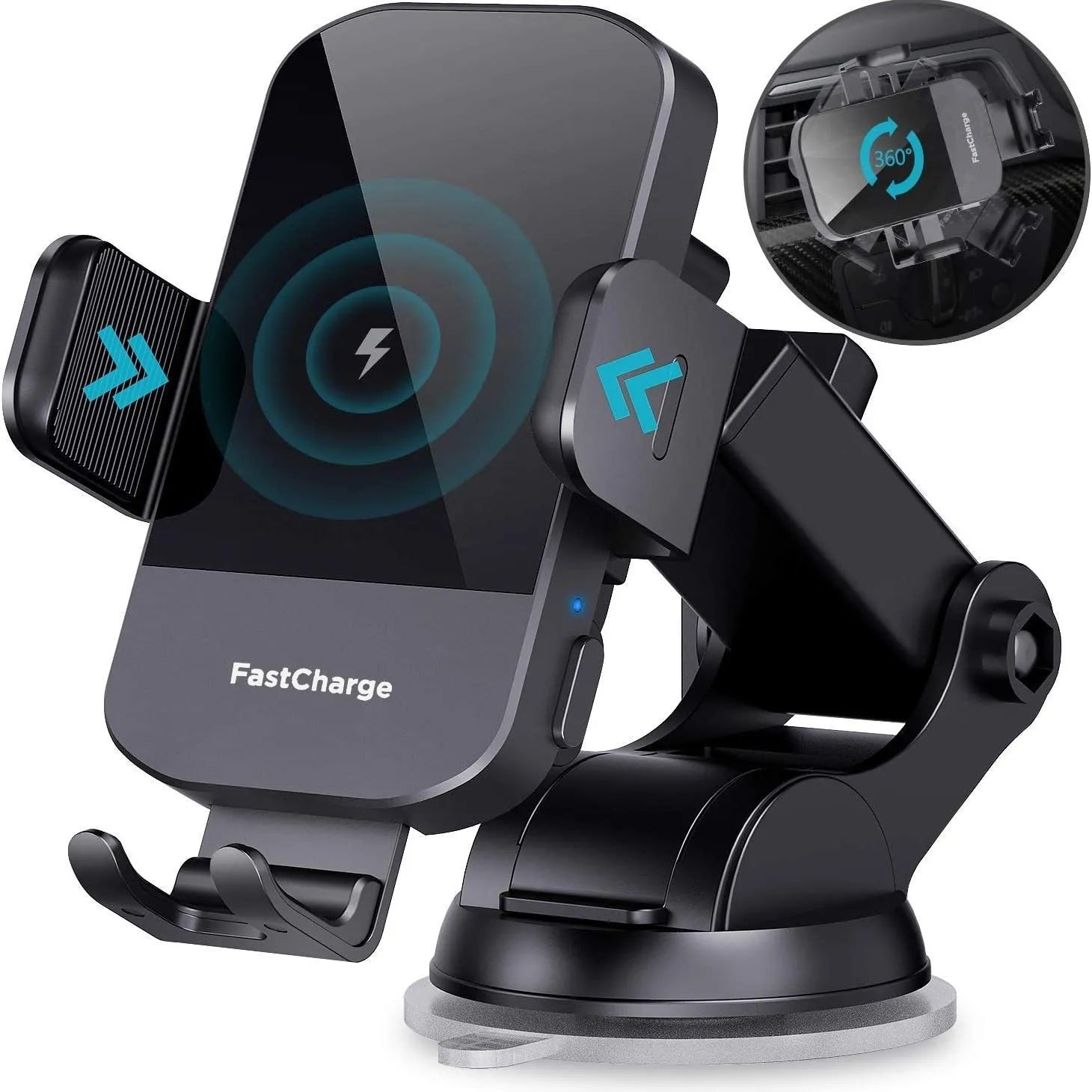 Black 15W wireless charging stand for cars with dashboard, air vent, and bare metal mounting options
