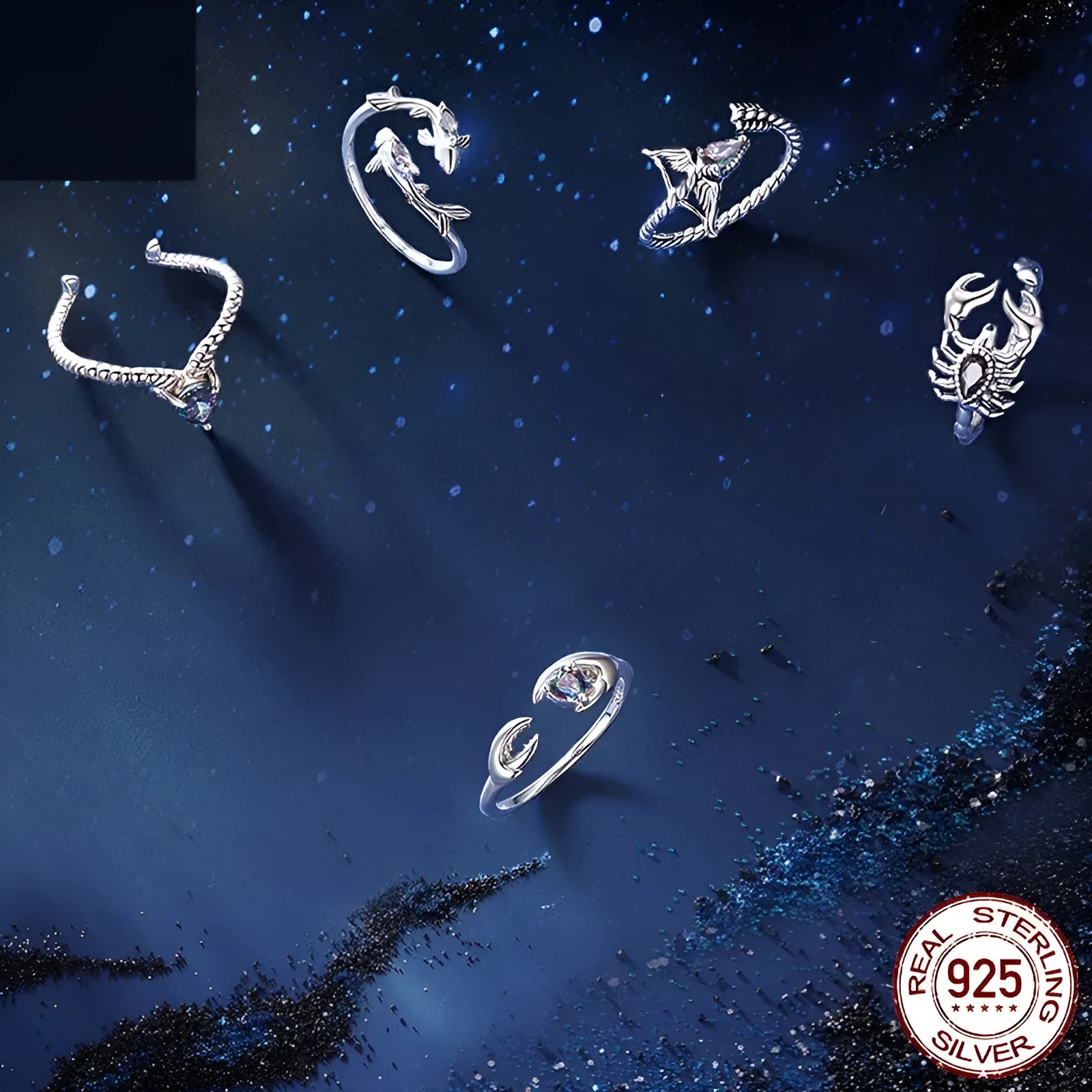 Personalised retro constellation open ring in sterling silver with adjustable opening, zodiac Aries colour option