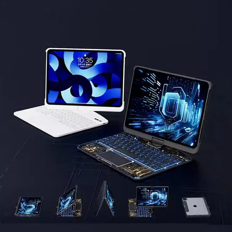 360 swivel transparent keyboard case for iPad with trackpad and telescopic pen slot