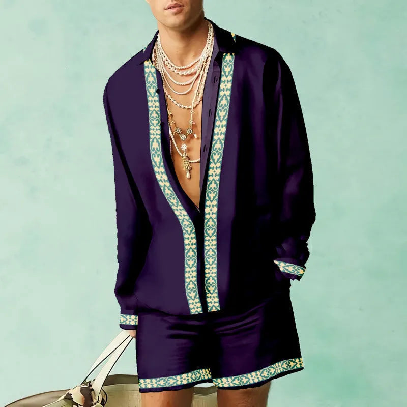 Men's slim-fit polyester long-sleeved shirt and matching shorts set on a hanger.