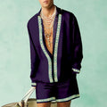 Men's slim-fit polyester long-sleeved shirt and matching shorts set on a hanger.