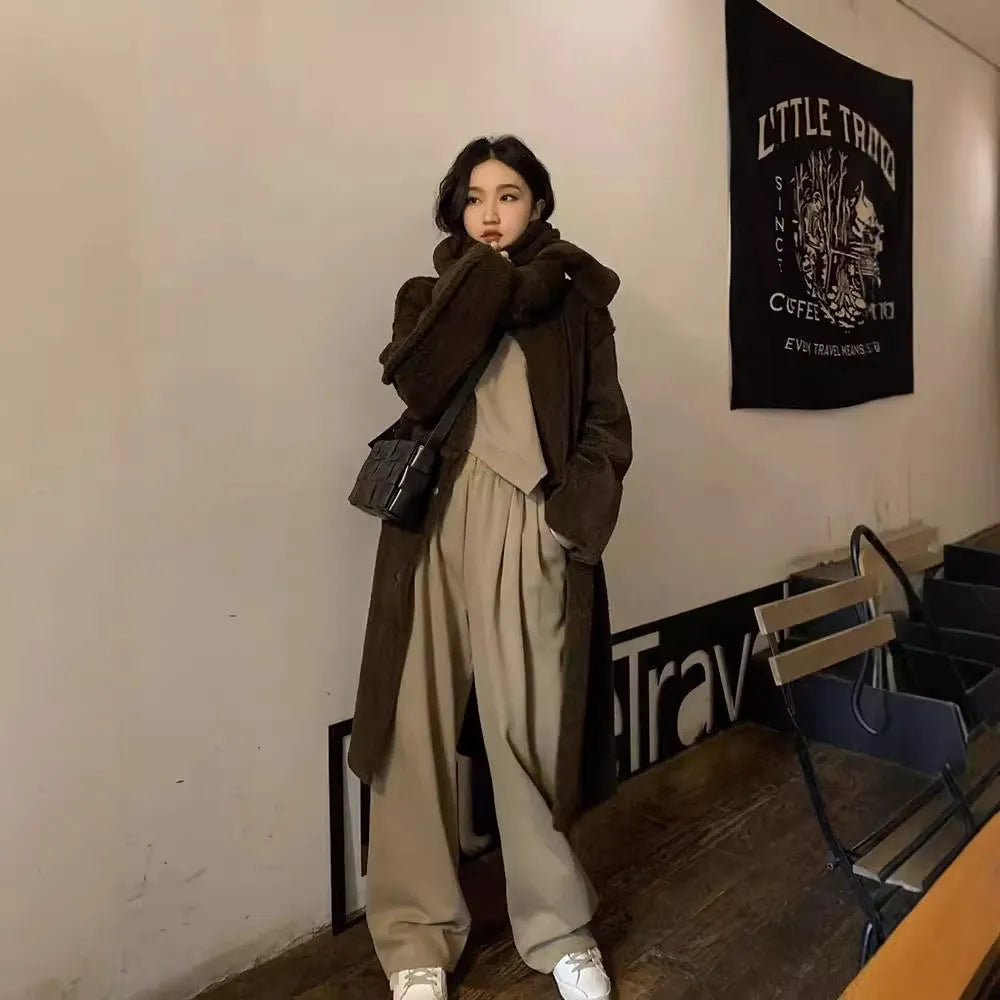 Women's khaki casual sports suit set with long sleeve top and trousers in a Japanese Korean style.
