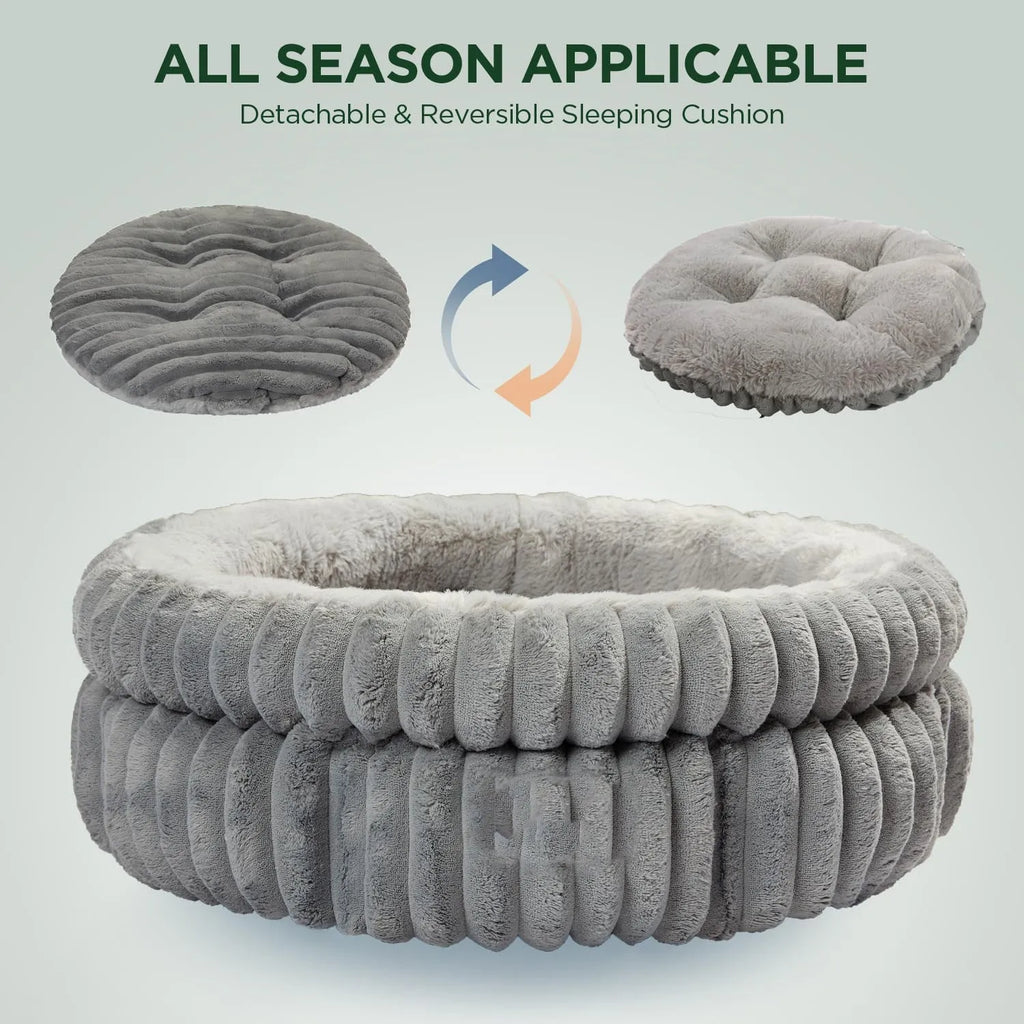 Washable round cat bed in beige with super soft plush faux fur and anti-slip bottom