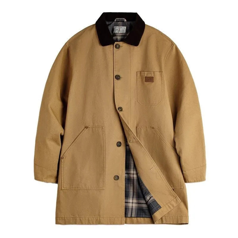Men's cotton khaki mid-length trench coat with loose fit, front view