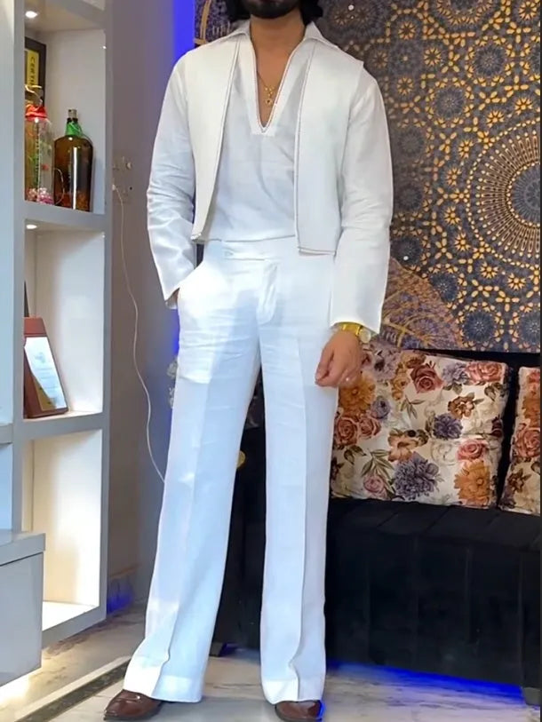 White three-piece women's outfit with V-neck shirt, sleeveless vest, and full-length trousers