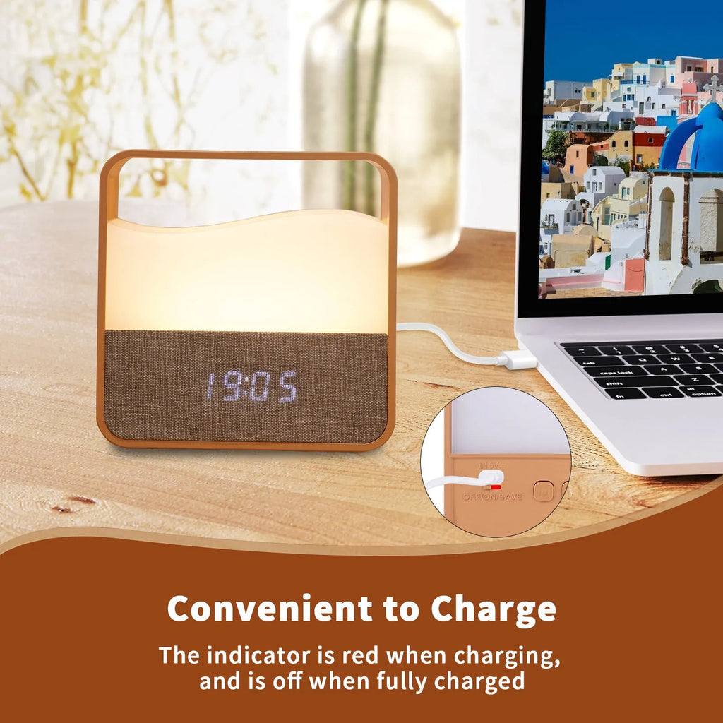 Wood grain geometric stereo alarm clock night lamp with remote control on a bedside table