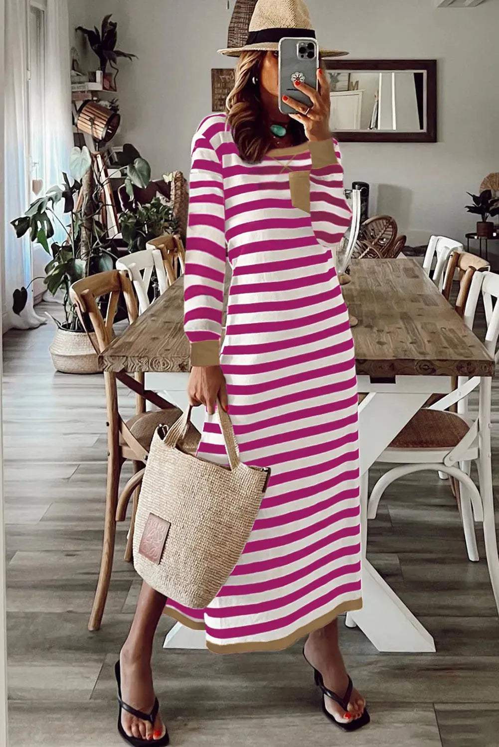 Striped printed long sleeve dress with contrast edge, Rose Stripe colour, on a female model, front view, showing the long sleeves and stripe pattern.