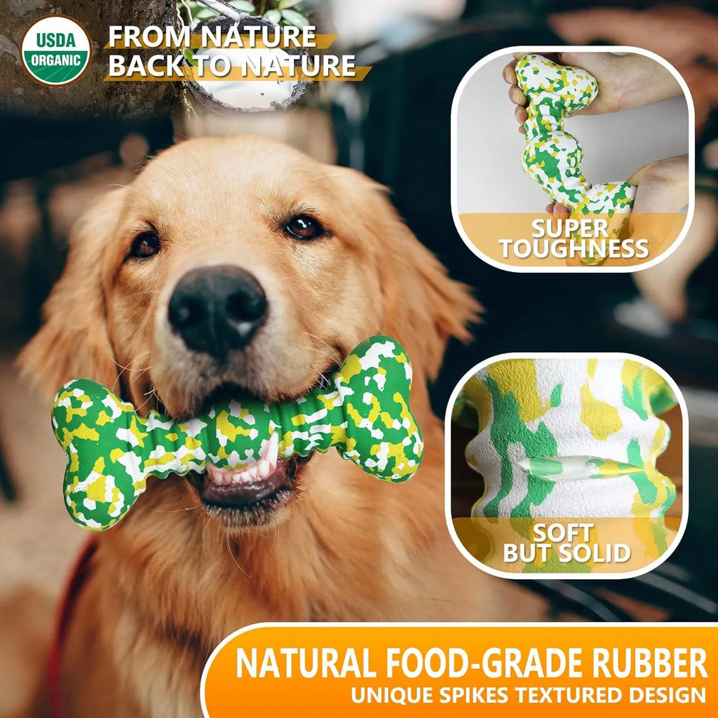 Natural rubber bone-shaped dog chew toy with camouflage pattern in two sizes for medium and large breed dogs