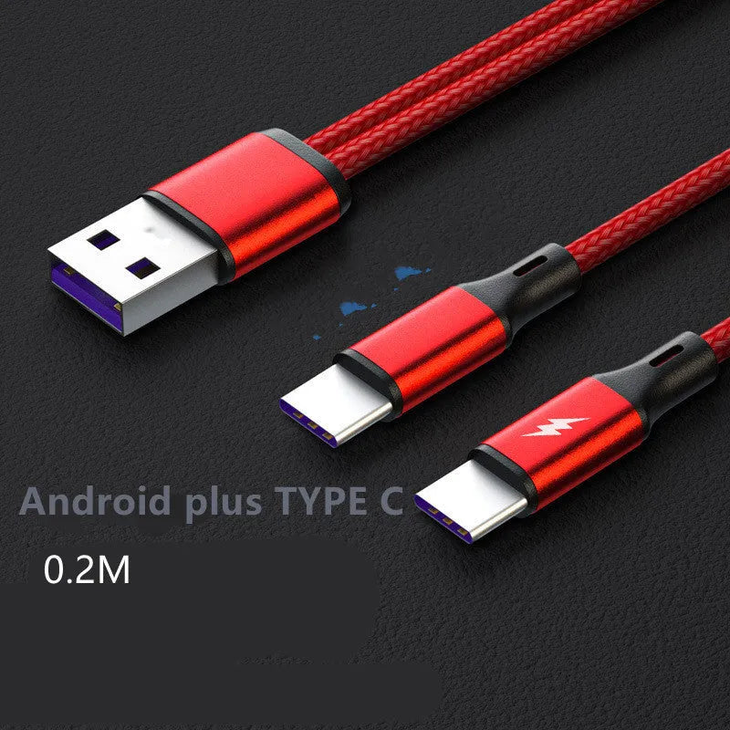 Black and red braided two-in-one fast charging cable with Micro USB and Type-C connectors on a white background.