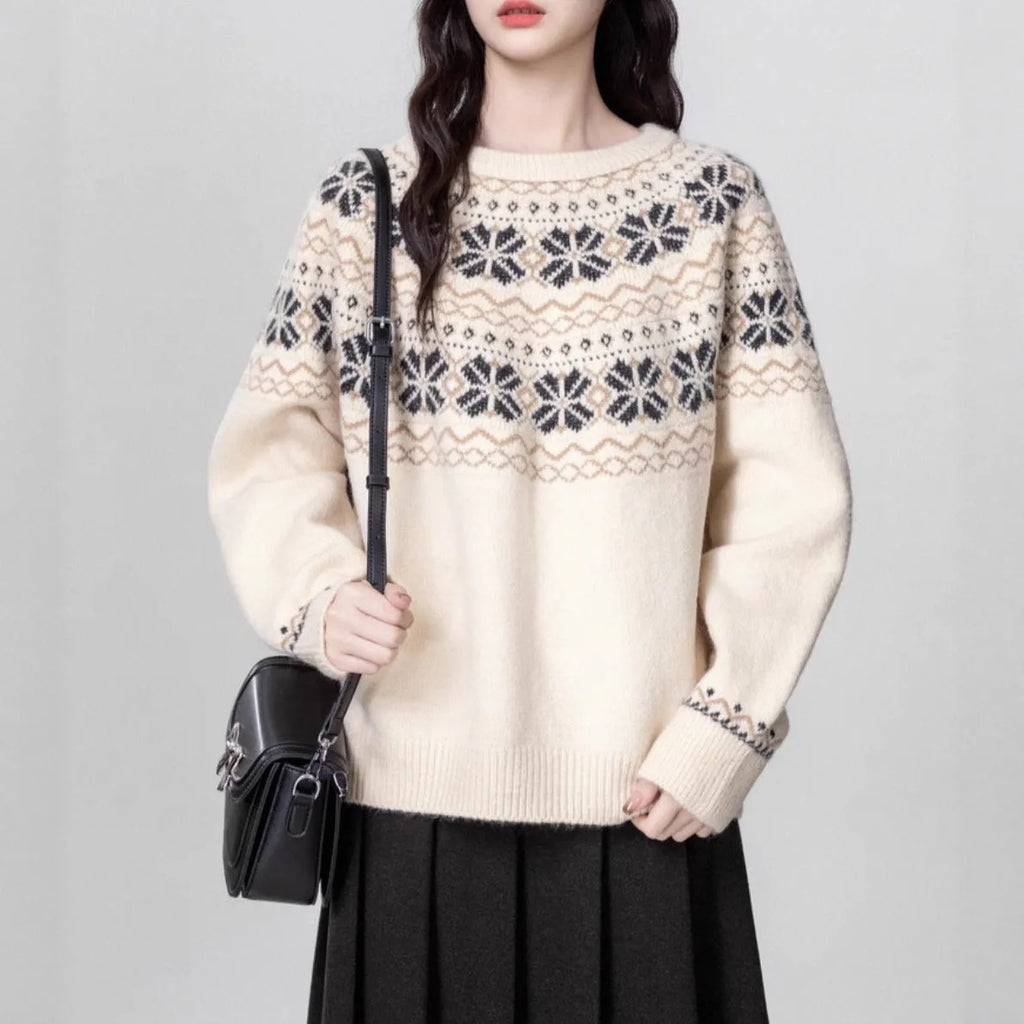 Milky white women's vintage Fair Isle geometric pattern pullover sweater with long sleeves.
