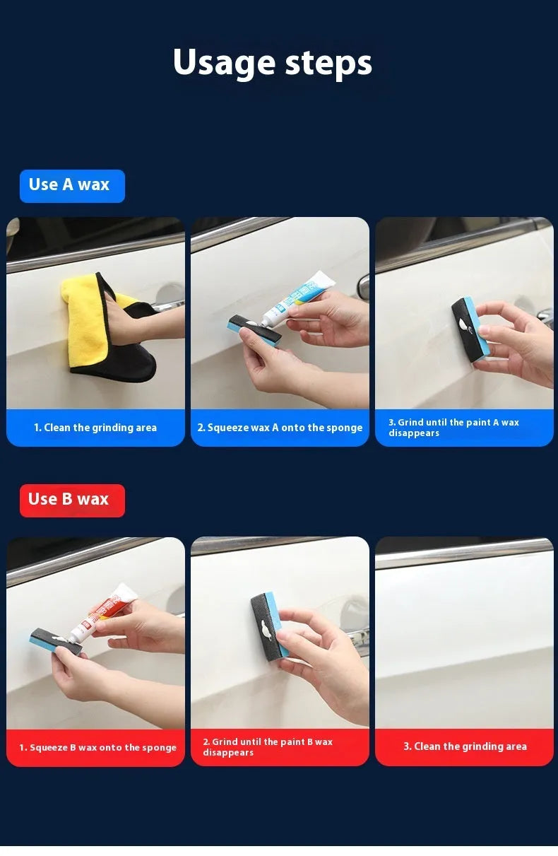 Car repair wax kit showing tubes of Grinding A Wax and Brightening B Wax next to a frosted sponge mop on a car bonnet.