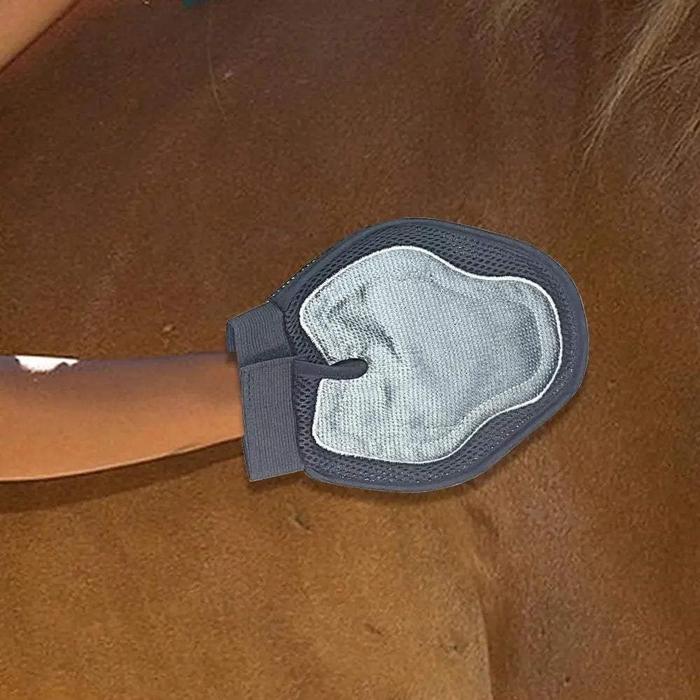 Soft silicone horse massage gloves for gentle hair removal and grooming, adjustable fit with hook and loop closure