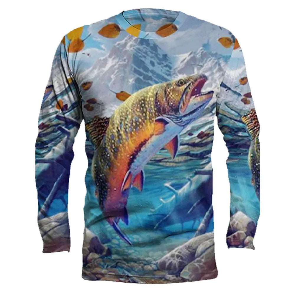 Men's grey round neck pullover with a colourful fish graphic print on the front.