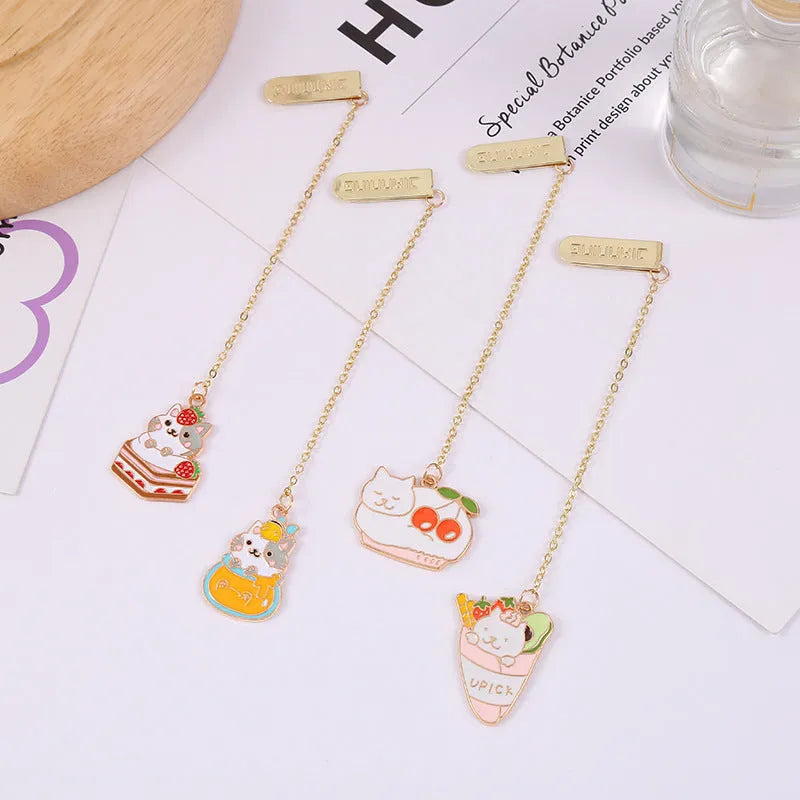 Cat metal pendant bookmark with creative cartoon designs including Strawberry Cake Cat and Cherry Sleeping Cat
