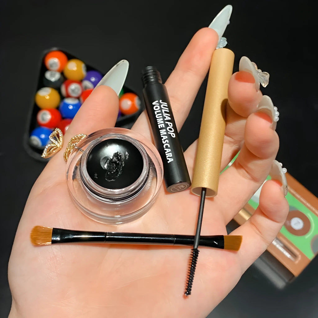 Waterproof smudge-free mascara and eyeliner set in black and brown with application brush