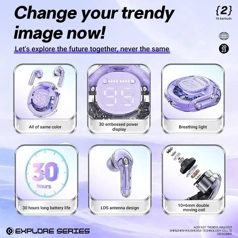 Transparent plastic wireless Bluetooth in-ear headset shown in various colours.