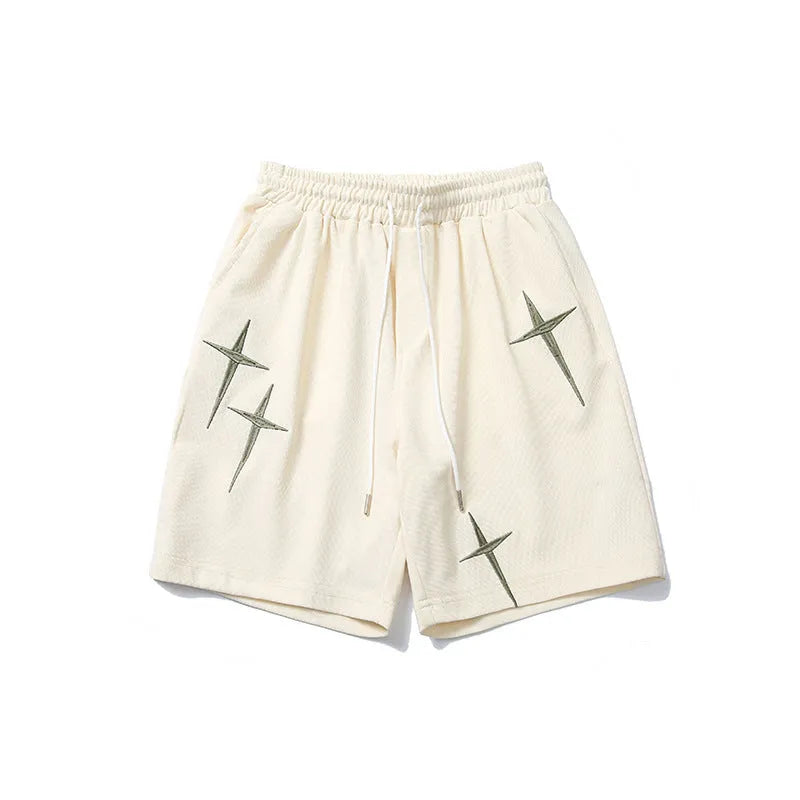 Men's cotton embroidered track shorts in grey, black or beige, mid waist, sizes M-XXL, casual leisure shorts