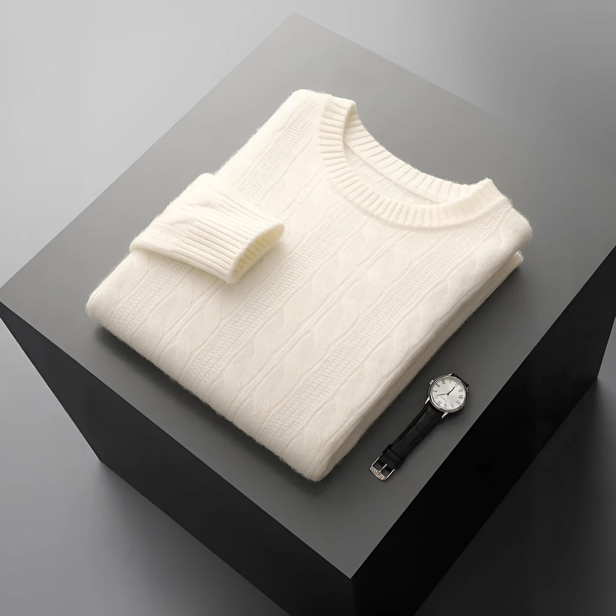Men's thickened jacquard knitted sweater loose pullover in white, elephant gray, light gray or camel, sizes S-XXXL