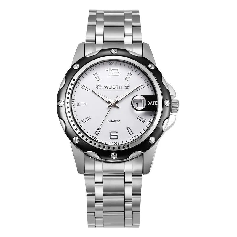 Waterproof men's calendar quartz watch with black dial and steel strap, 11mm thickness, sporty style
