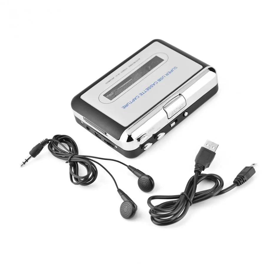 Silver USB cassette tape to MP3 converter unit with USB cable and earphones.