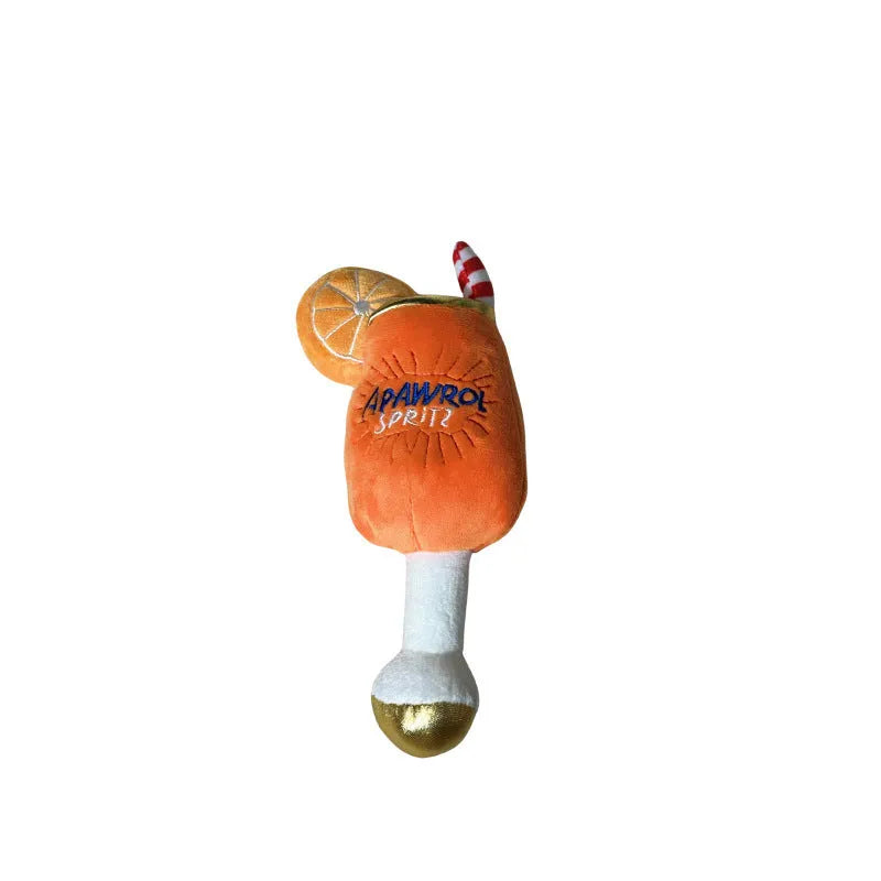 Yellow beer bottle design plush squeaky dog chew toy with teeth-cleaning feature