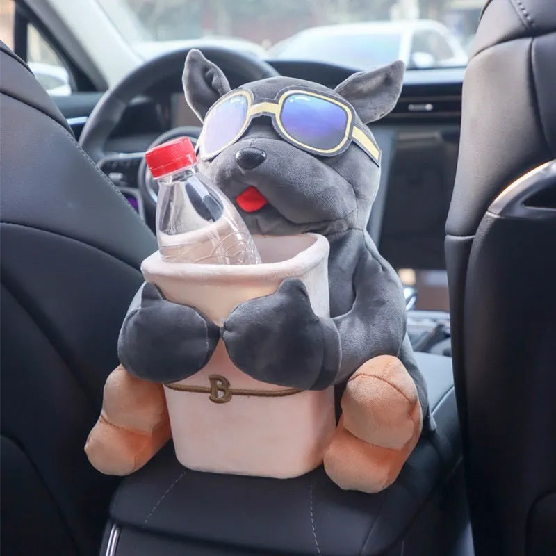 Plush car tissue box with creative dog design hanging on flip armrest box, 27x33cm